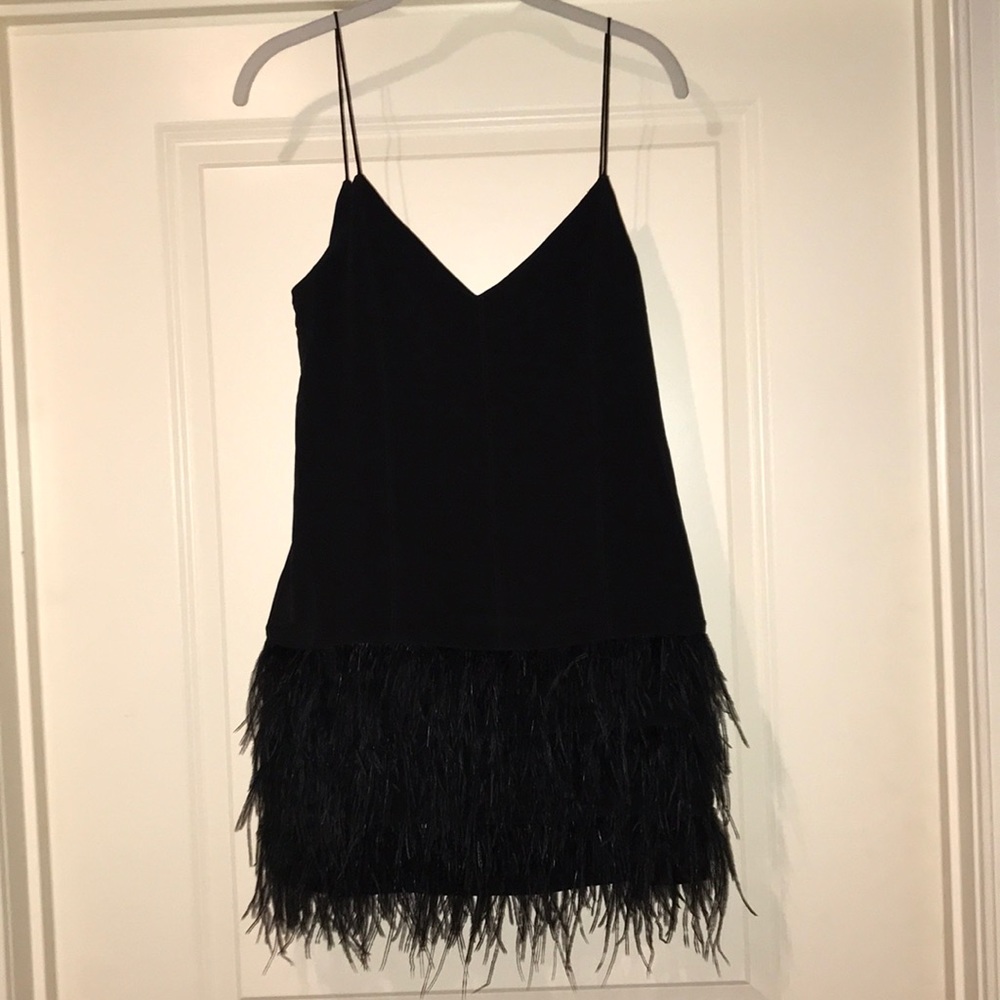 Saylor Mia black mini dress with feathers
